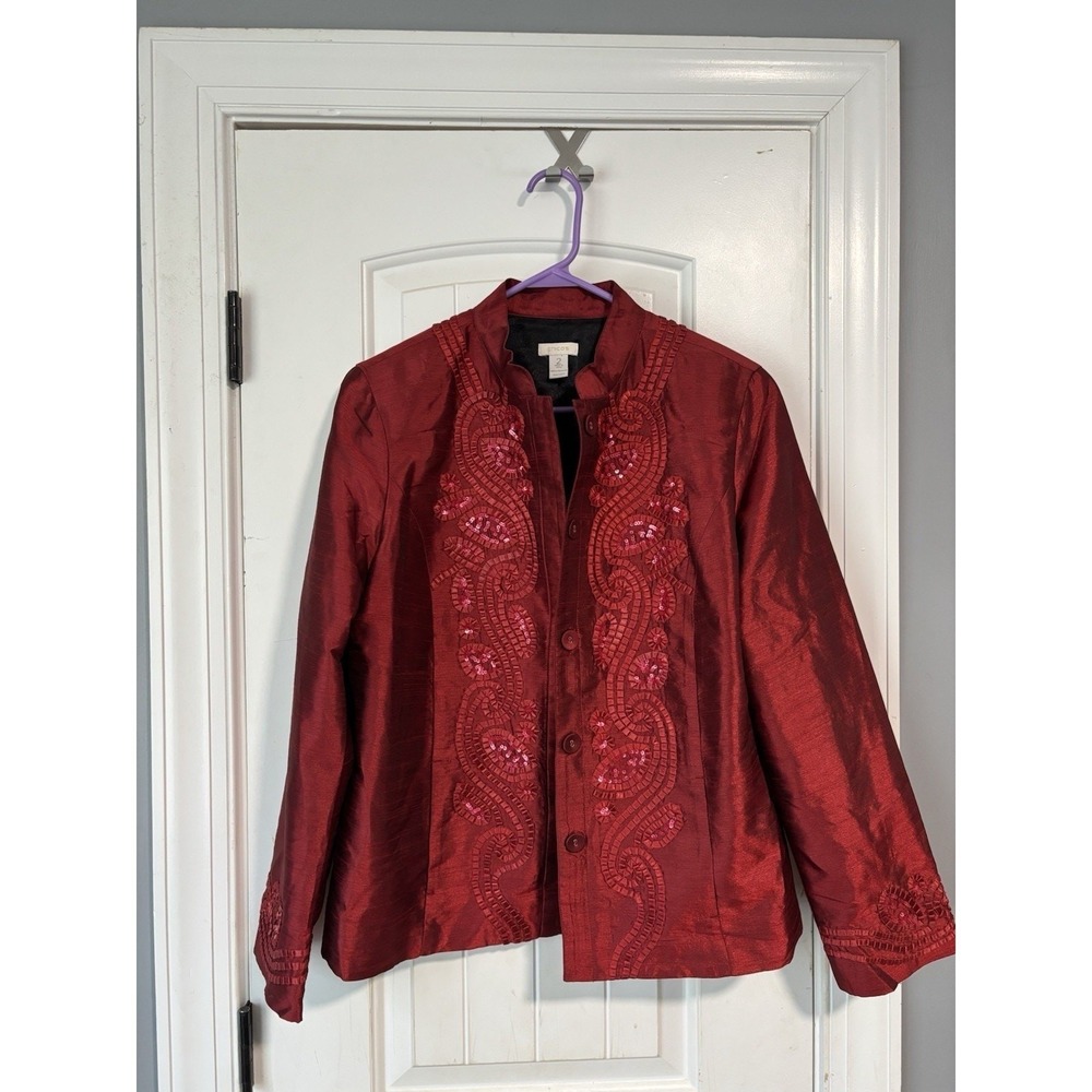 Chicos Silk Look Dress Jacket 2 Ribbon Sequins Cardinal Red Hidden Buttons